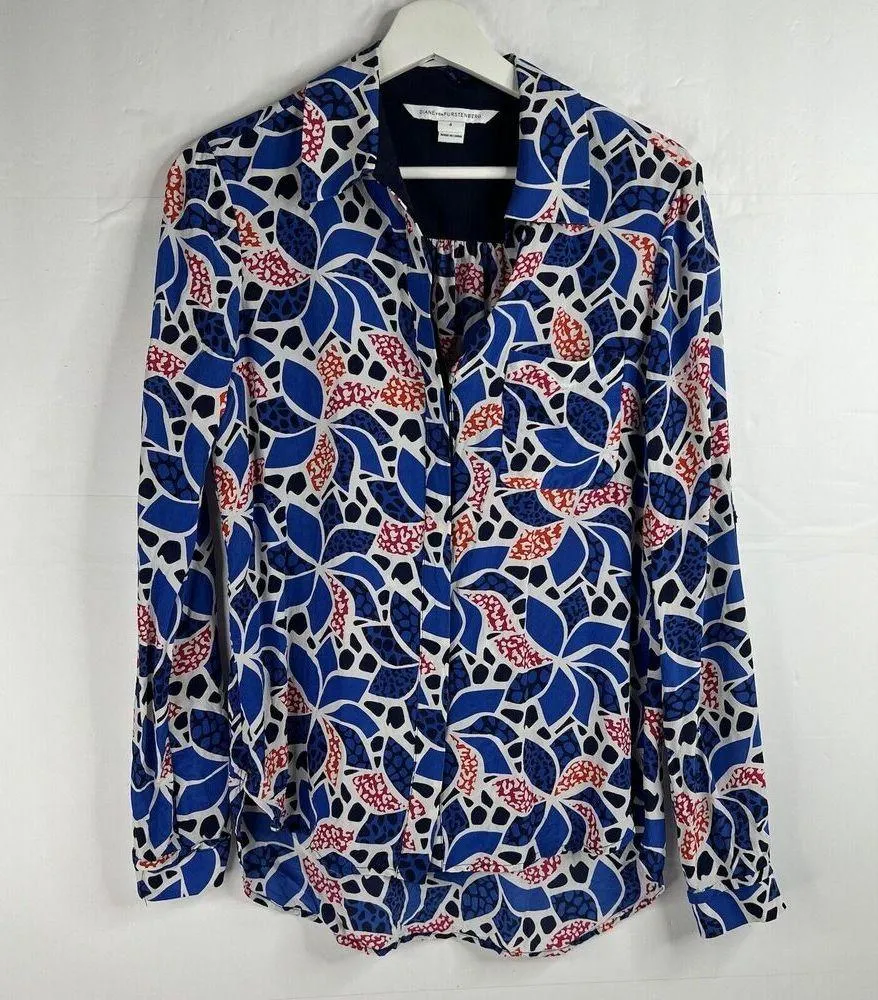 DVF Diane Von Furstenburg Sz 4 Lorelei Two Silk Blouse Button Front Career Work - Image 3