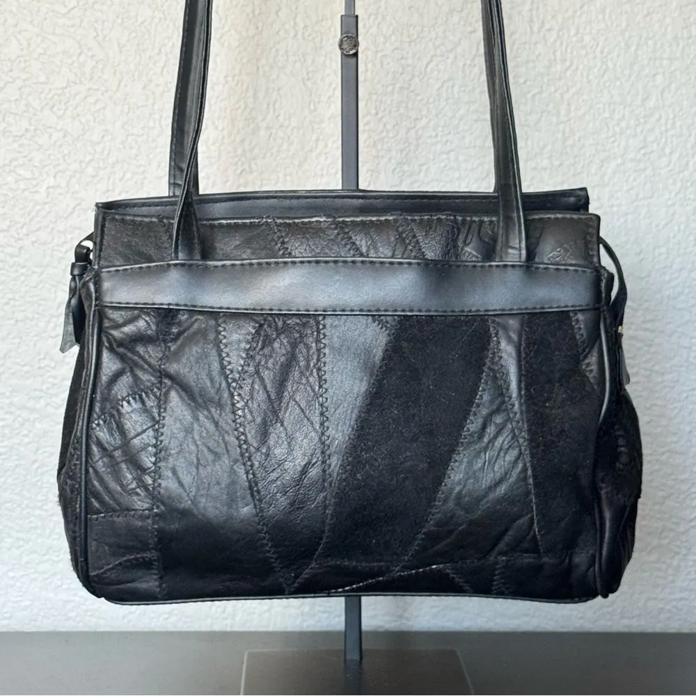 Patchwork Black Leather Shoulder Bag - Image 3