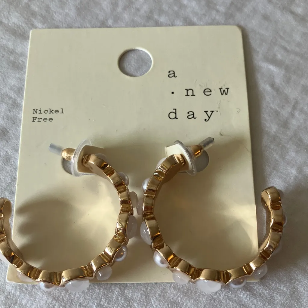 A New Day: Gold Tone & Faux Pearl Hoop Earrings- Nickel Free - Image 14