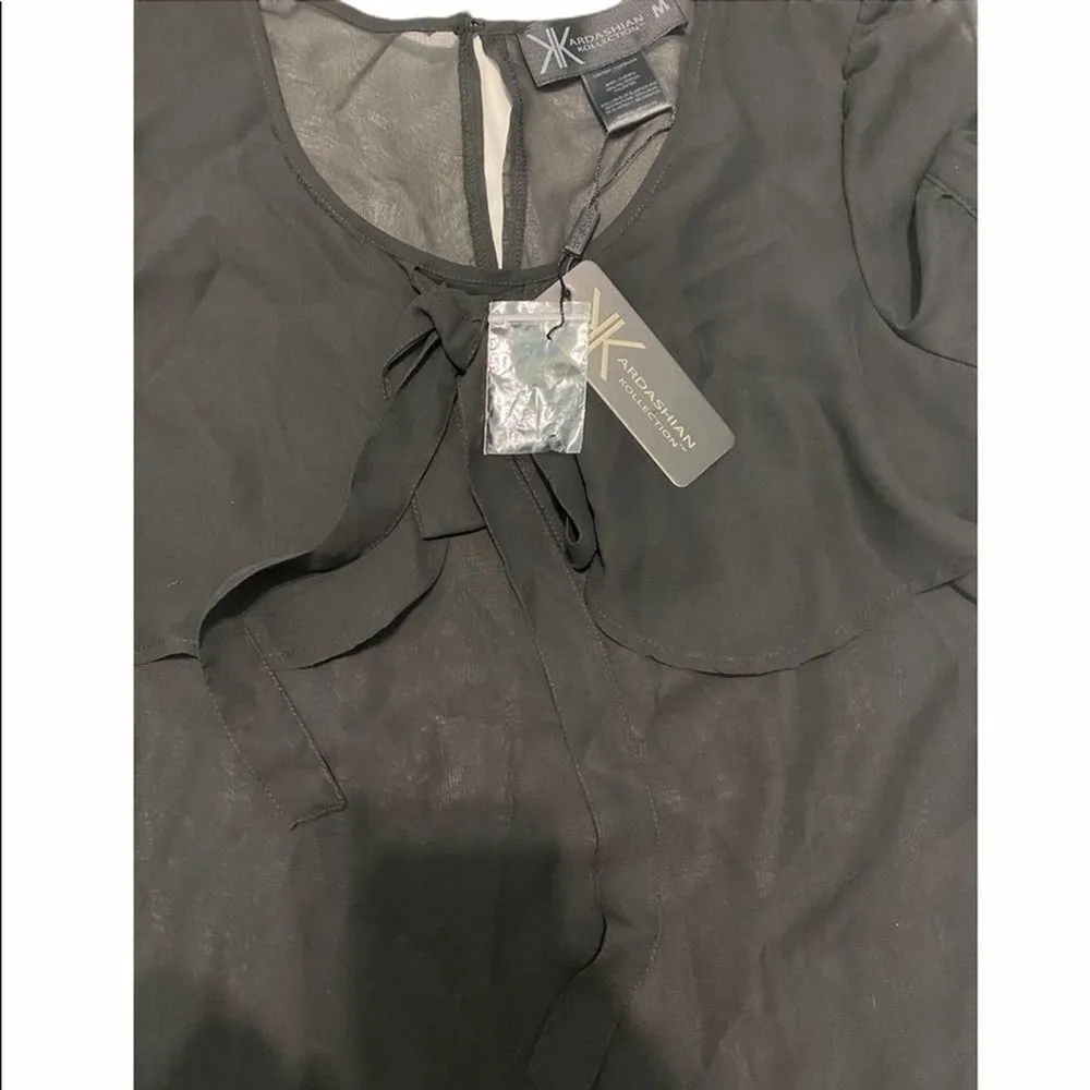 Kardashian Kollection Sheer Tie Bow Front Top Blouse Keyhole Back Black Medium - Image 11