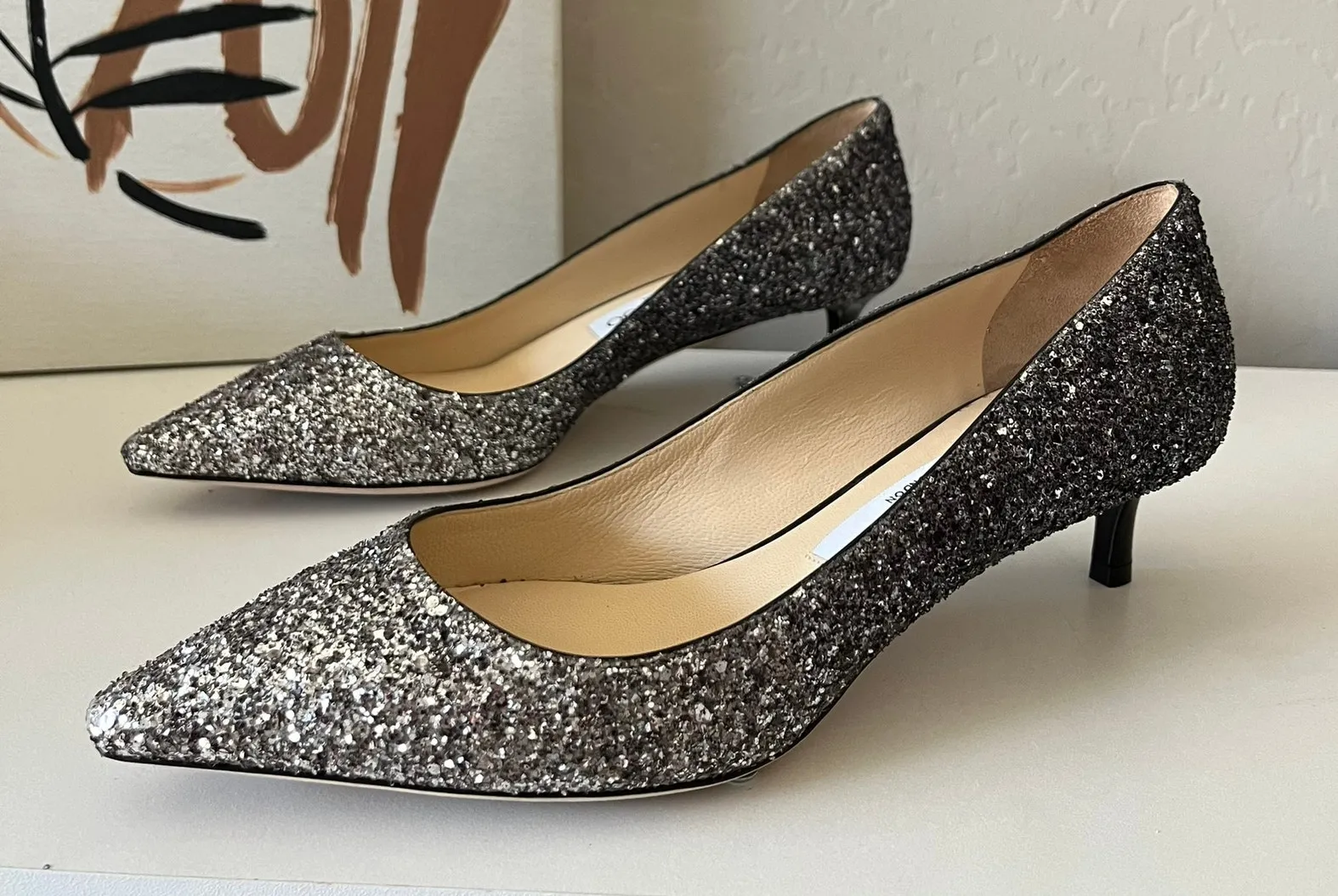 Jimmy Choo Romy Silver Glitter Pointed Toe Slip On Kitten Heel Pumps Size 37 - Image 1