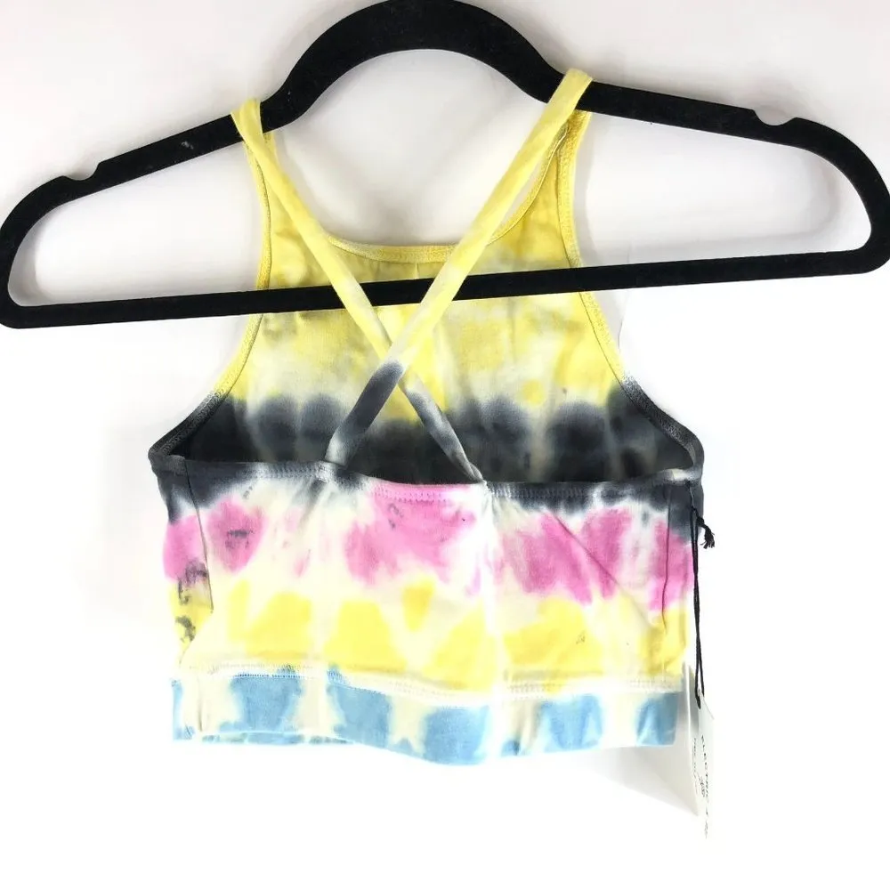 Electric & Rose Sports Bra Crop Top Crossover Straps Tie Dye Yellow Pink Blue XS - Image 2