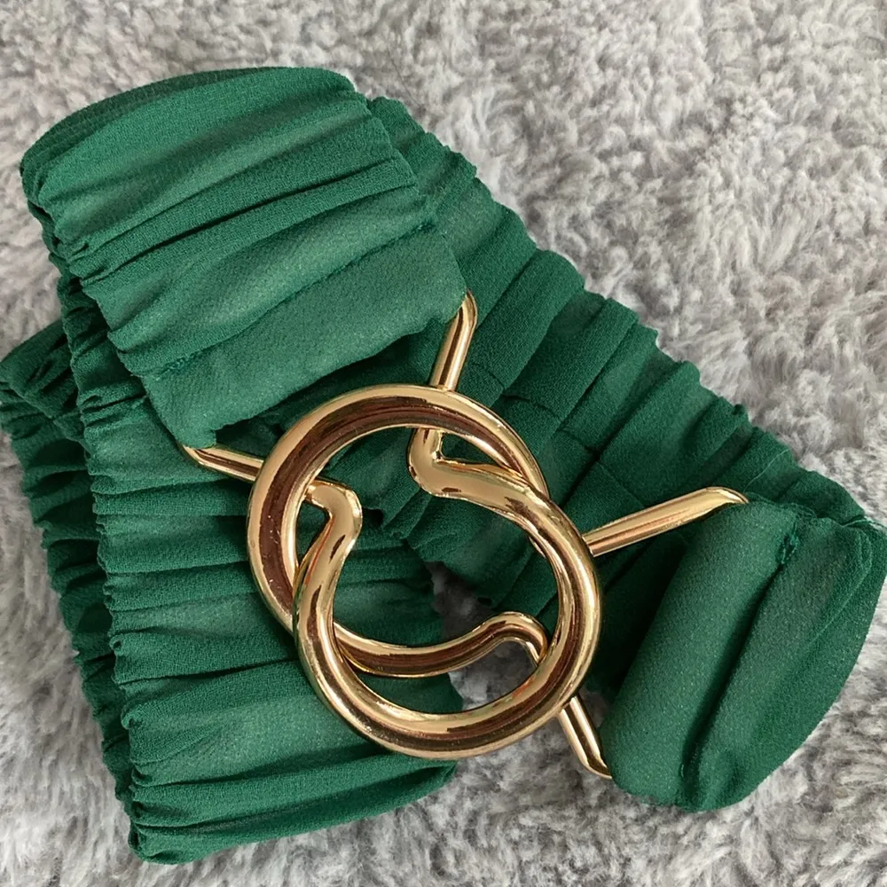 Green chiffon and Gold tone Stretch Belt with interlocking clasp - Image 6