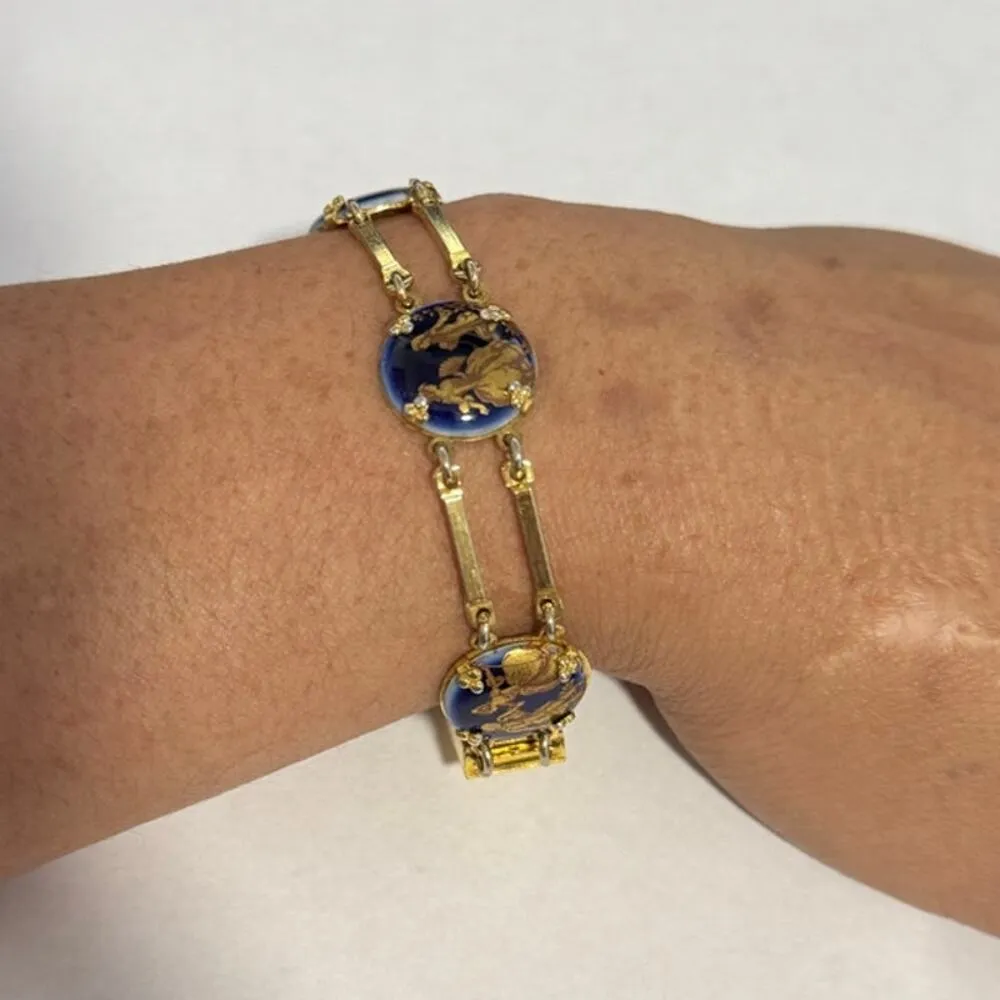 Vintage 30s Porcelain Courting Couples Transferware Cabochon Gilt Brass Bracelet Gold - Image 9