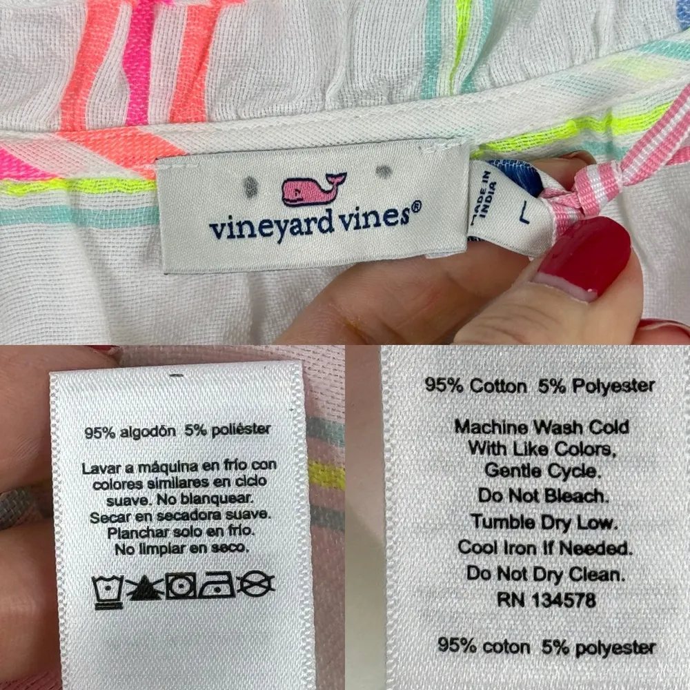 New Vineyard Vines Guava Multi Stripe Ruffle Popover Blouse Shirt White Large - Image 13