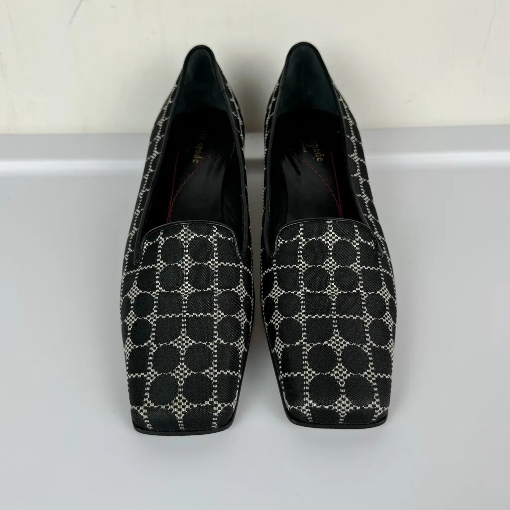 Vtg Kate Spade Heeled Loafers Sz 7B Black Dot Print Square Toe Noel - Image 4