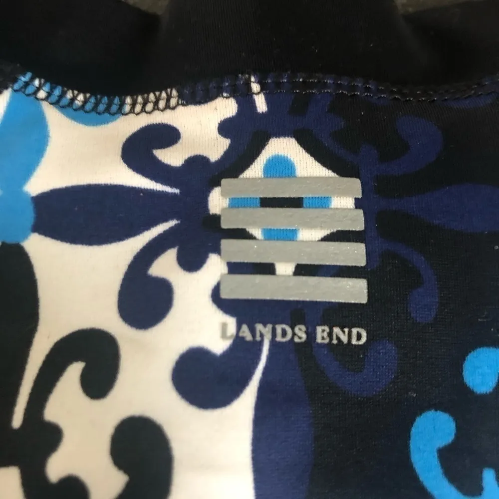 Lands End Rash Guard Sz. M 10/12 Fitted Long Sleeve Black Blue Printed High Neck - Image 3