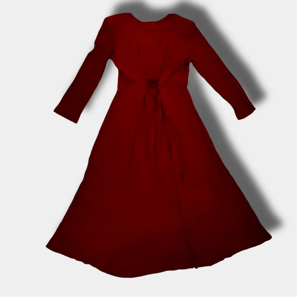 VTG 80s Ital Mode Long Sleeve Corset Back Lace Up Dress Burgundy Sz Med - Image 2