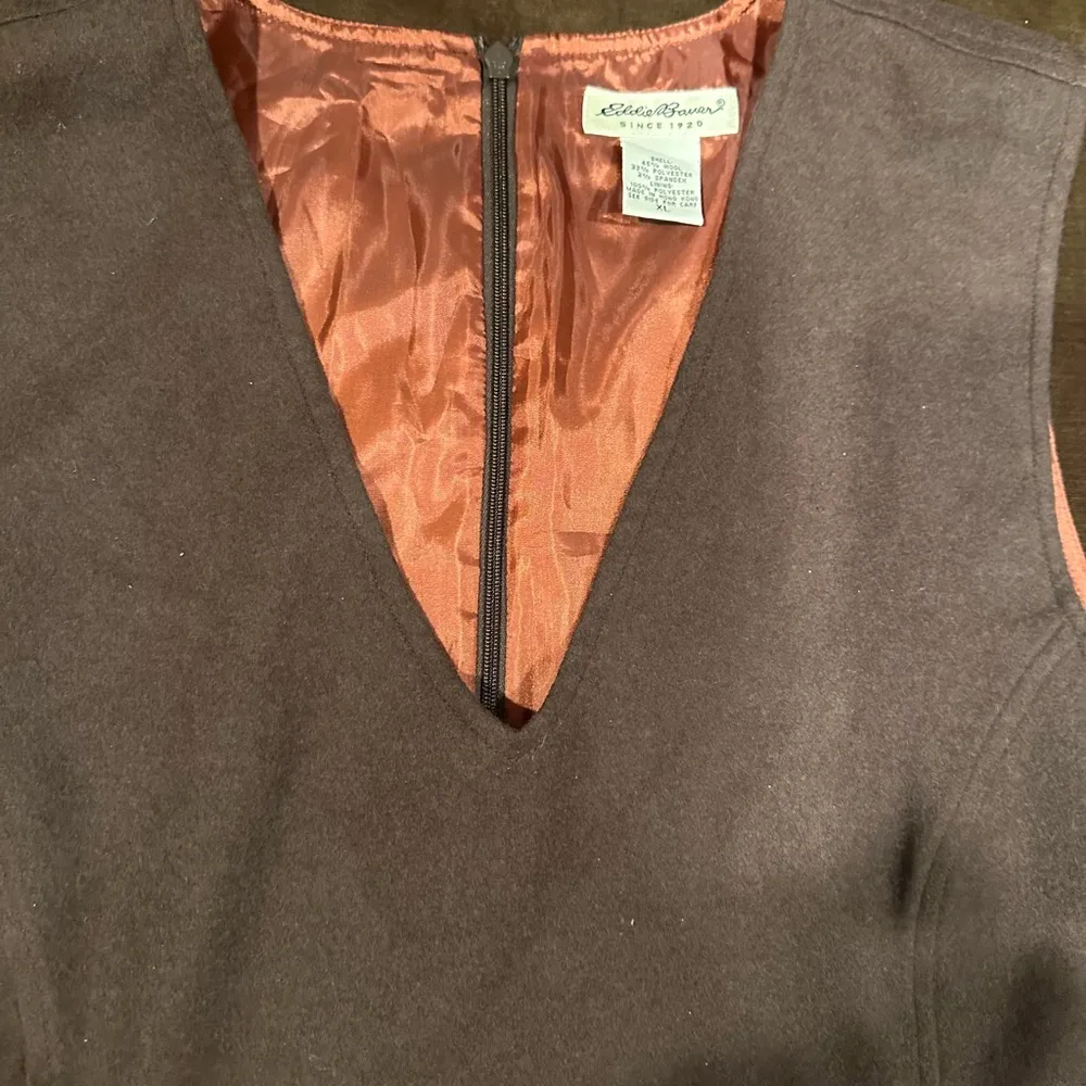 Eddie Bauer Brown Midi Sleeveless V Neck Dress 65 % Wool Orange Lining Sz XL - Image 6