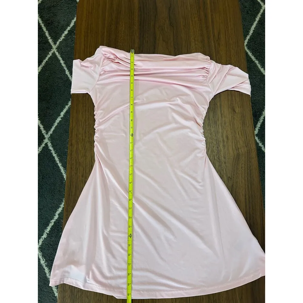 Edikted  Leena Ruched Off the Shoulder Long Sleeve Minidress in Pink Size Large - Image 8
