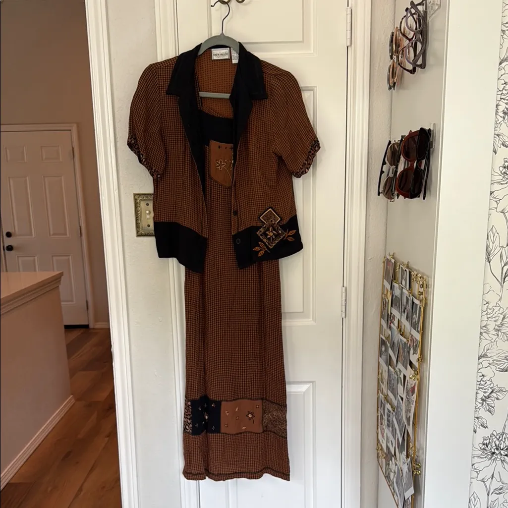 90s vintage patchwork dress and blouse set Brown - Image 3
