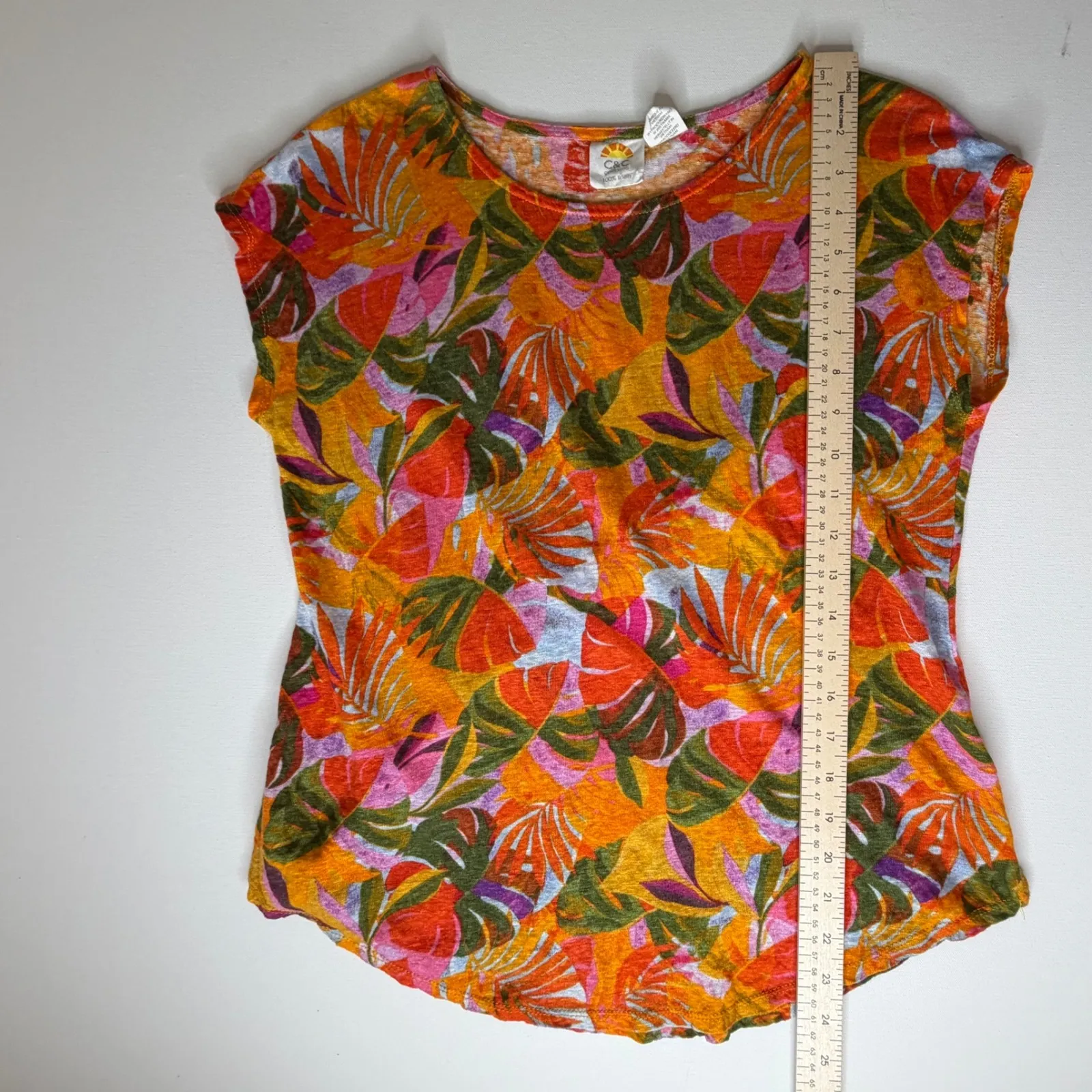 C&C California Tropical Leaf Print Linen Top Medium Multicolor Lightweight Artsy - Image 6