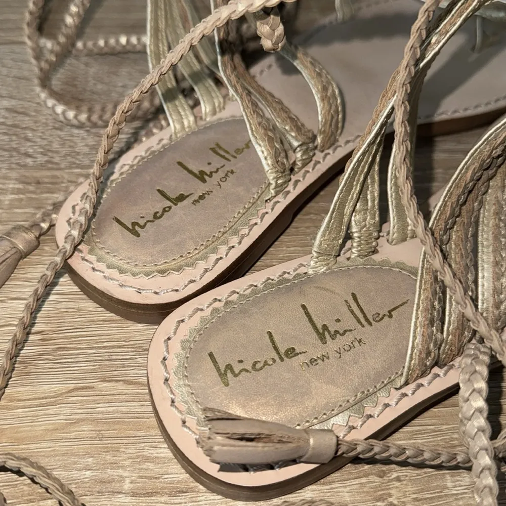 Nicole Miller Lace-Up Sandals gold toned tassels braided size 6 leather - Image 2