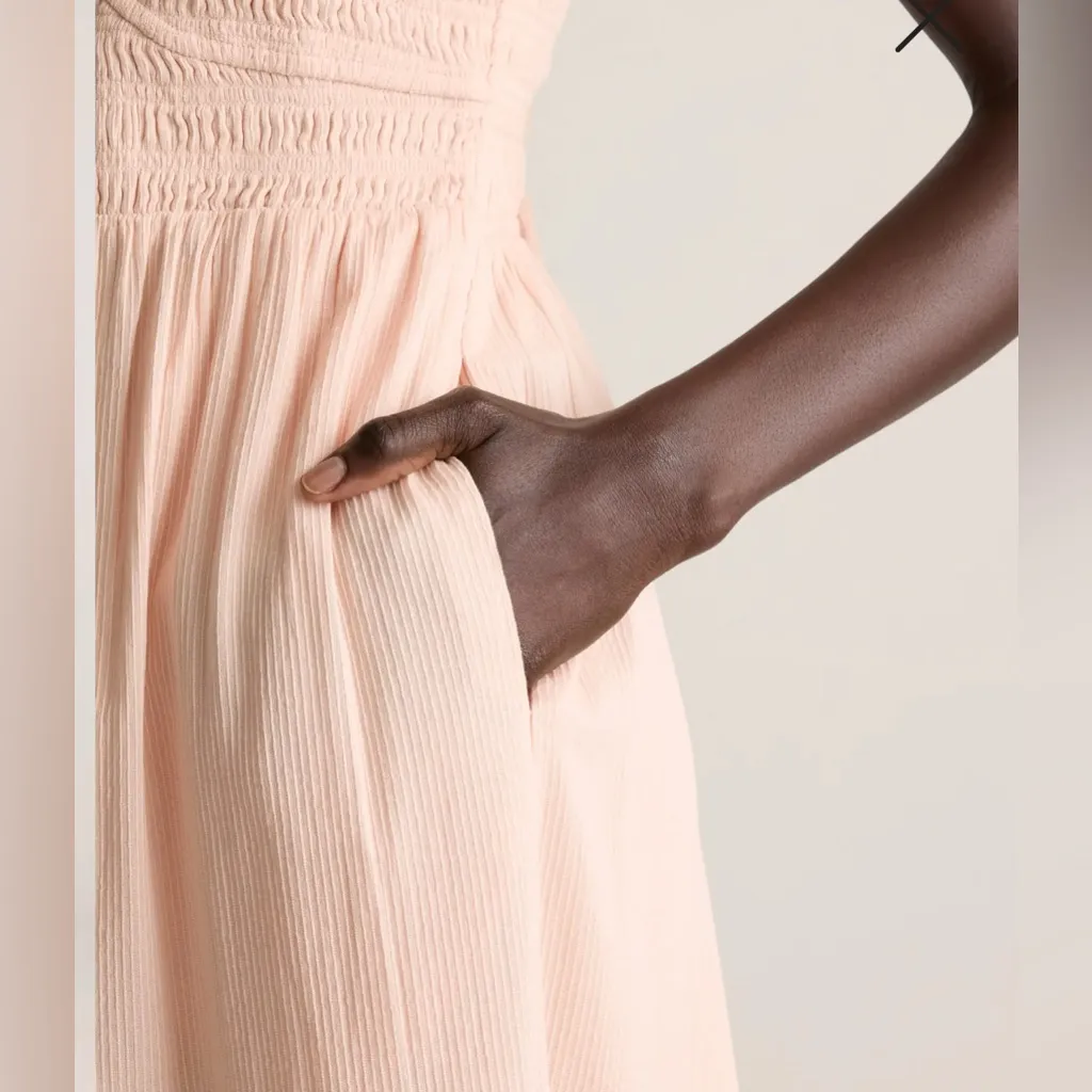 Quince Organic Textured Cotton Smocked V-Neck Midi Dress Small NWT - Image 3