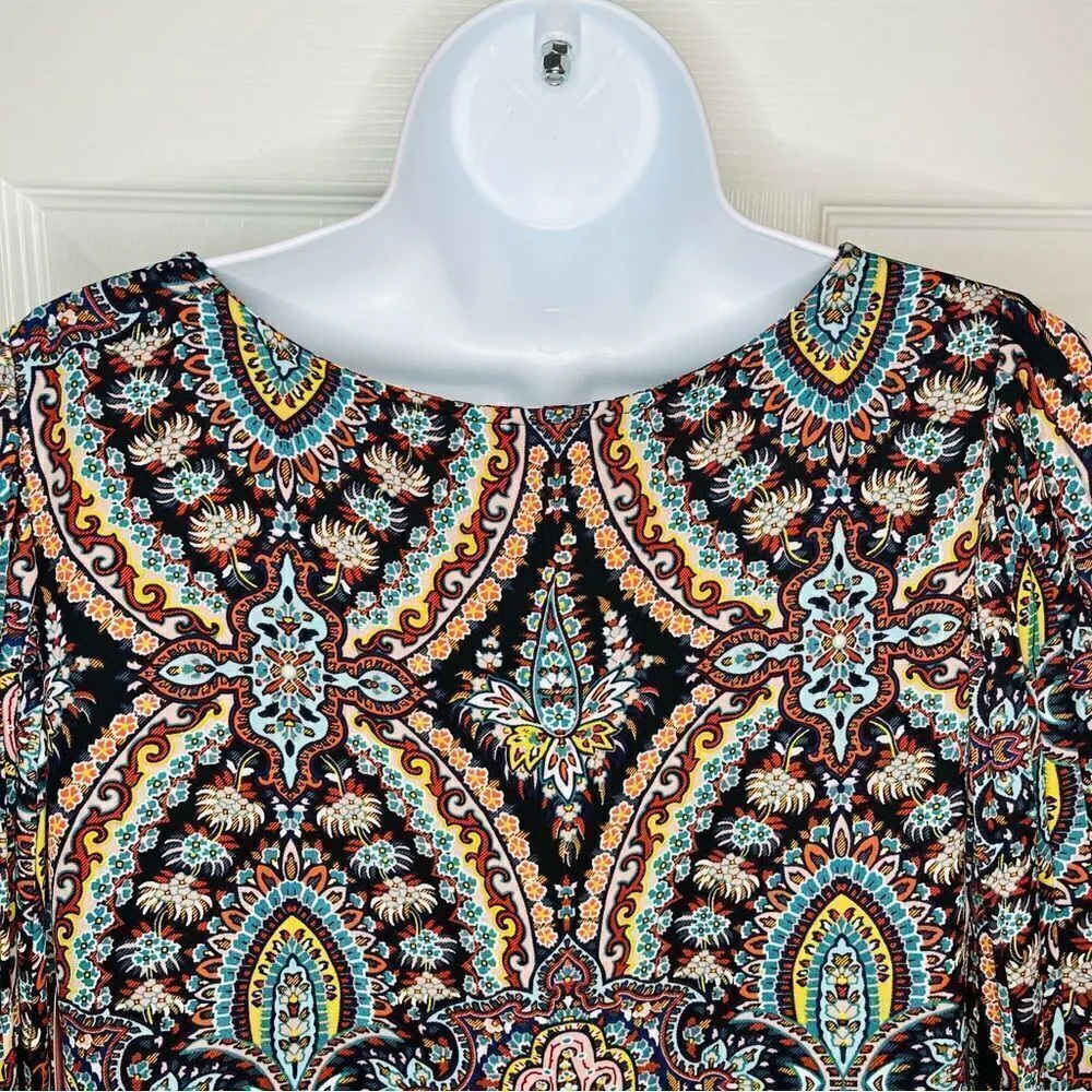 Love FIRE Pleated Wide Arm Shift Dress Mediterranean Stain Glass Print Multi M Blue Size M - Image 4