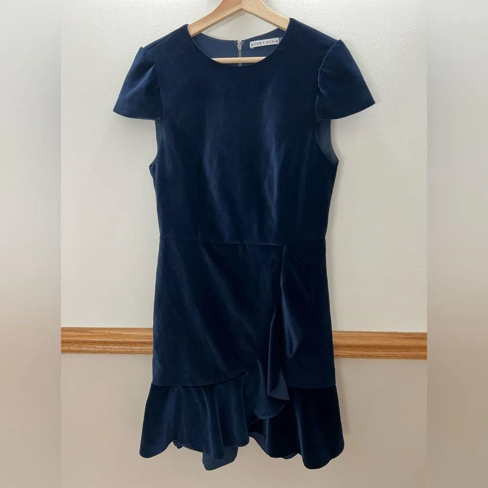 EUC Alice + Olivia Enid Ruffled Velvet Trimmed Dress Hem Navy Blue Size 8 - Image 9