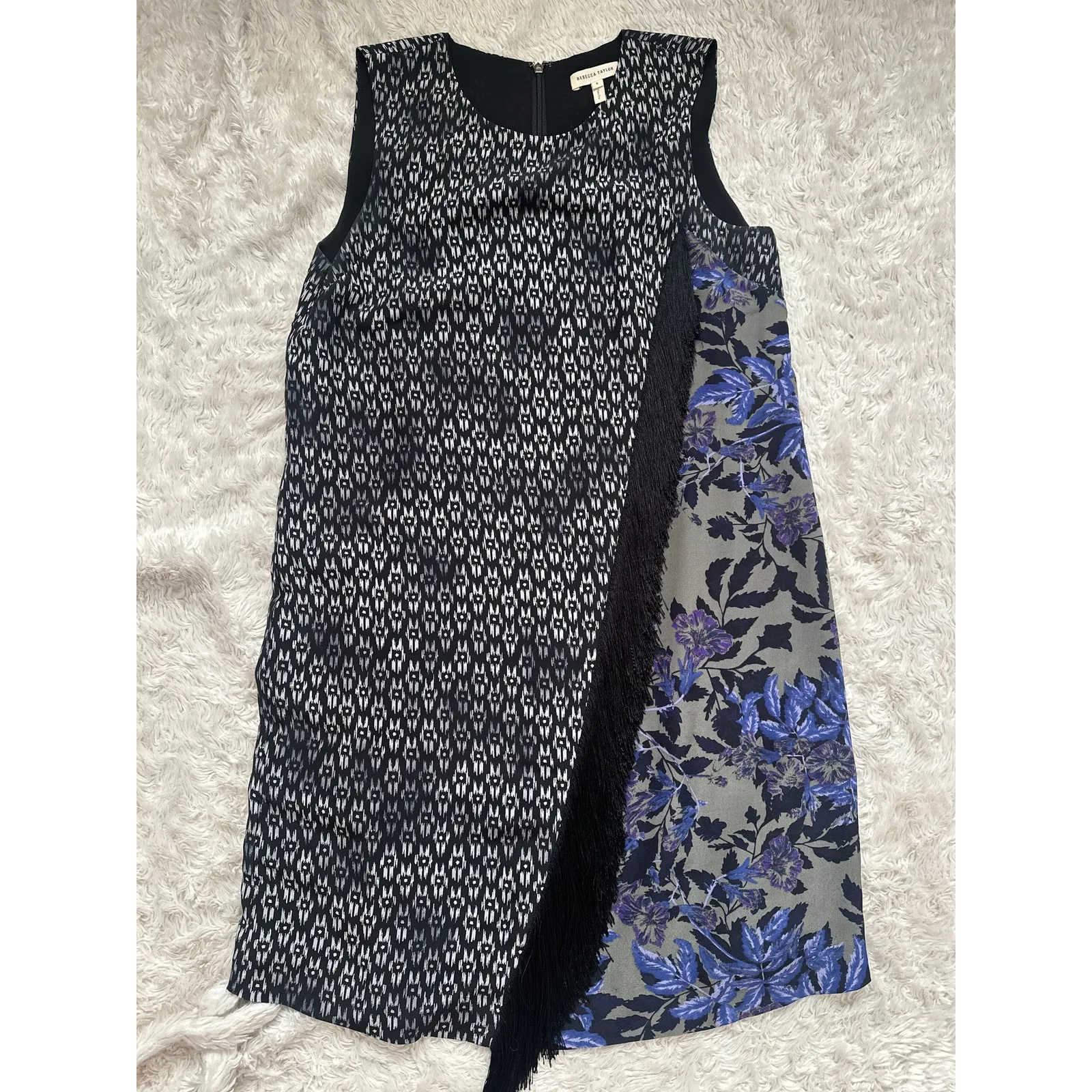 Rebecca Taylor Black 100% Silk Box Step Floral Fringe Shift Mini Dress Mod - Image 2