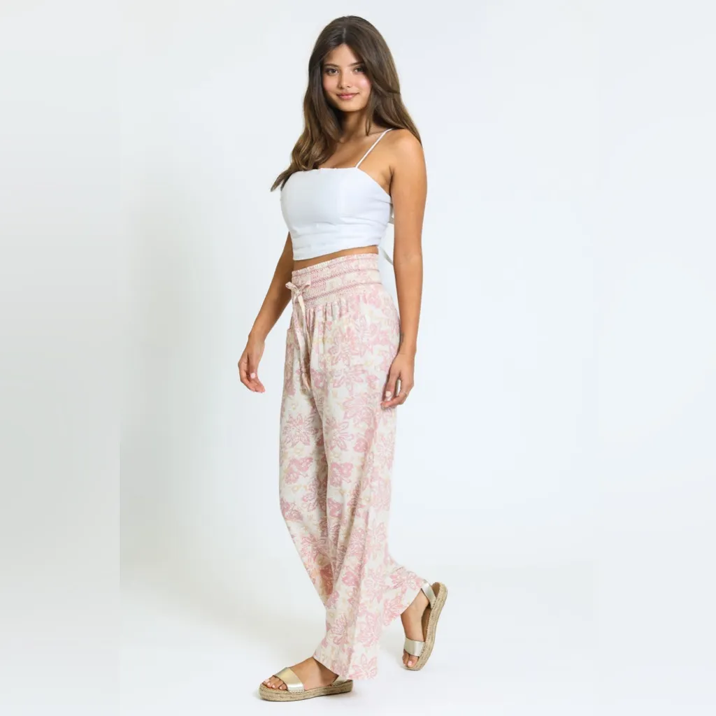 Rewash Light Pink Floral Smocked Waist Wide Leg Pants Size Small - Image 2