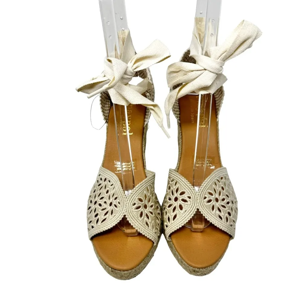 Maypol NEW Crochet Espadrille Wedge Sandals Peep Toe Ankle Wrap Cream Size 41 - Image 7