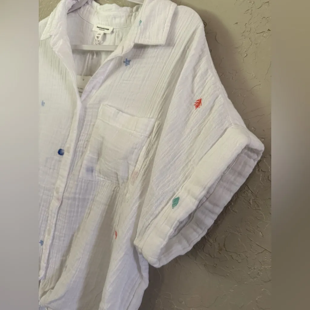 Beach Lunch Lounge Shirt Womens Large White Tie Front Embroidered Beach Nautical - Image 5