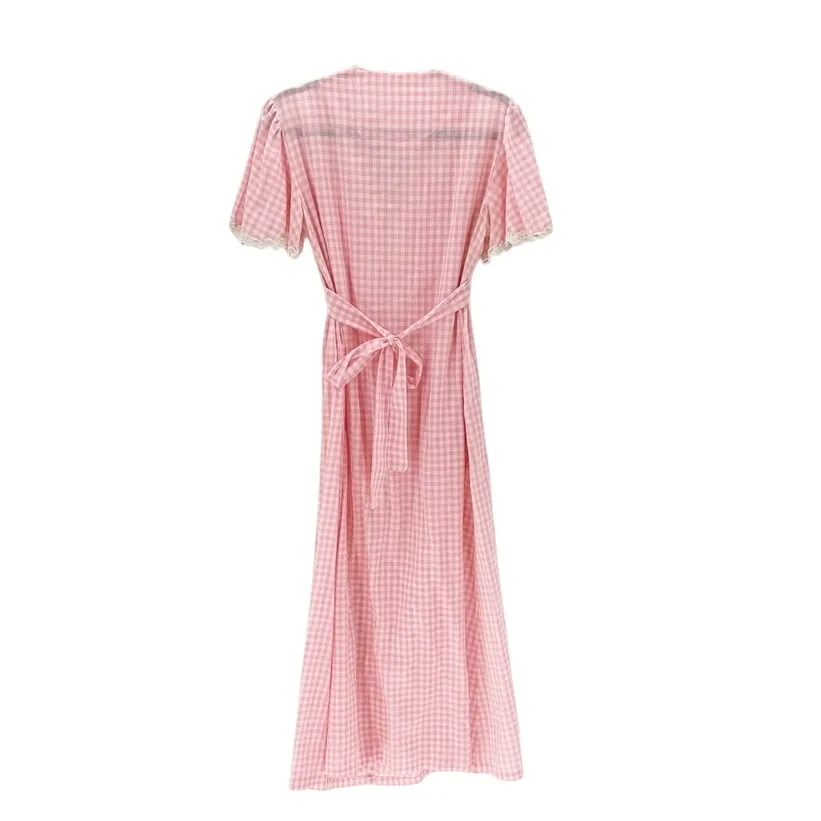 Vintage 70’s Gingham Daisy Lace trim flutter sleeves maxi dress tie back prairie Pink Size L - Image 2