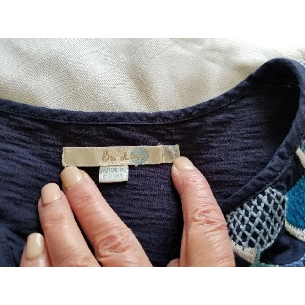 Boden Knit Tunic Embroidered Front Yoke w/ Ties 3/4 Sleeve Navy Blue Womens Sz 2 - Image 3