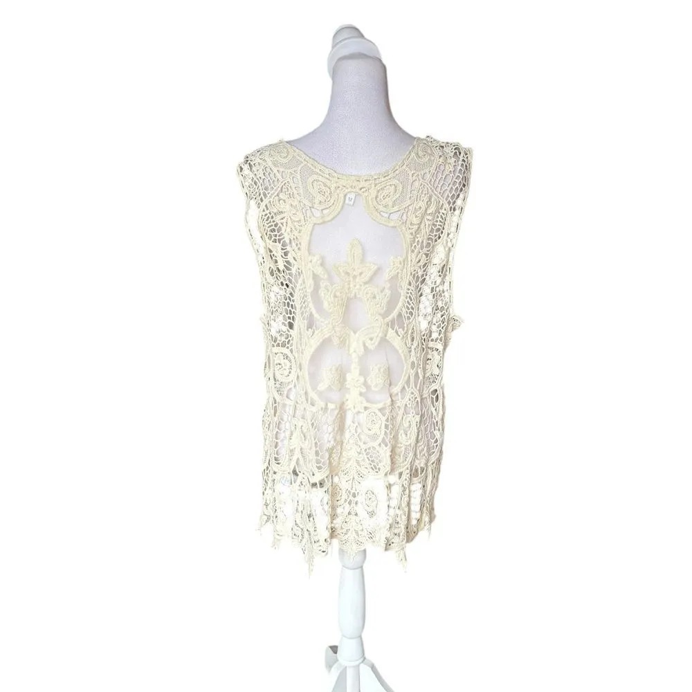 Pretty Angel Vest Sleeveless Crochet Cardigan Cream Lace Womens Med Linen Cotton - Image 2