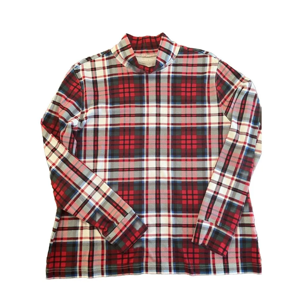 Lands End Turtleneck Women's M 10/12 Relaxed Fit Mock Red Plaid Long Sleeves - Image 5