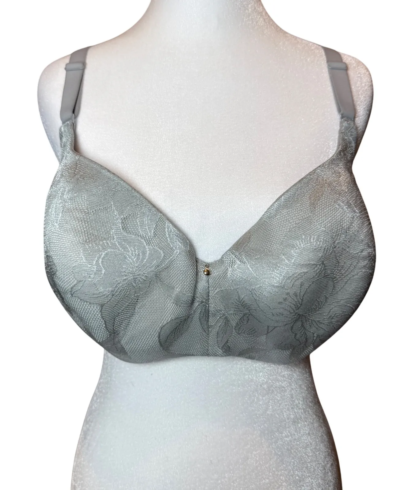 Cacique 40DD Lightly Lined Balconette Bra Silver Floral Lace Comfort Support - Image 1