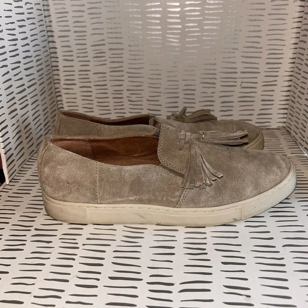 FRYE Gemma Womens 8.5 Slip On Tasseled‎ Suede Sneakers “Ash” Gray Boho Casual - Image 5