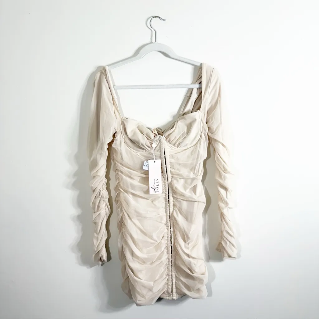 NWT Oh Polly Calista Nude Ruched Long Sleeve Mini Dress Size 10 - Image 3