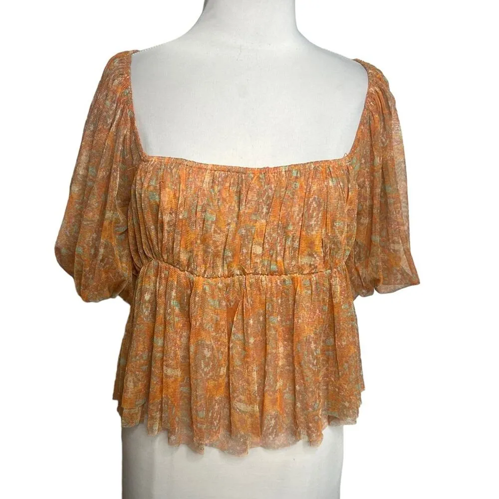Free People Penelope Printed Smocked Peplum Top Orange Size L - Image 4