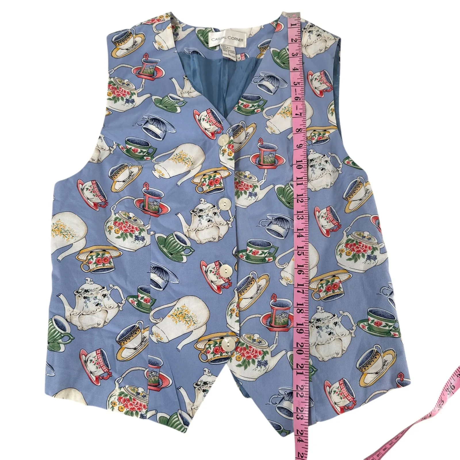 Vintage Casual Corner Women's Silk Tea Cup Teapot Print Vest Blue Size L Cottage Size L - Image 4