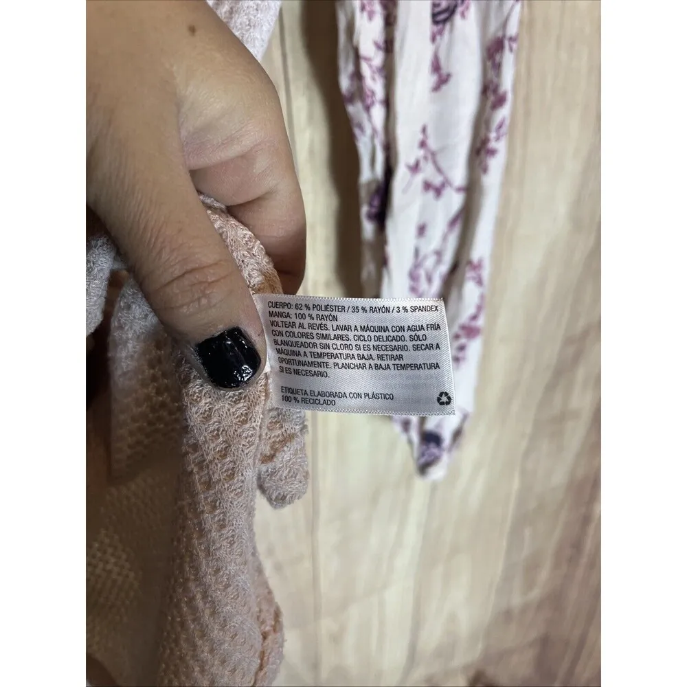 Knox Rose  Pink Thermal Waffle Knit Top with Puff Floral Sleeves Blouse Size M - Image 5