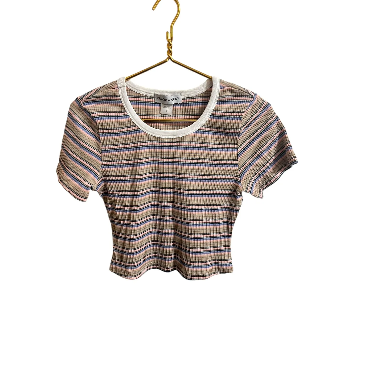 Cotton Emporium Ribbed Striped Crop Top Womens M Pastel Short Sleeve Y2K - Image 3
