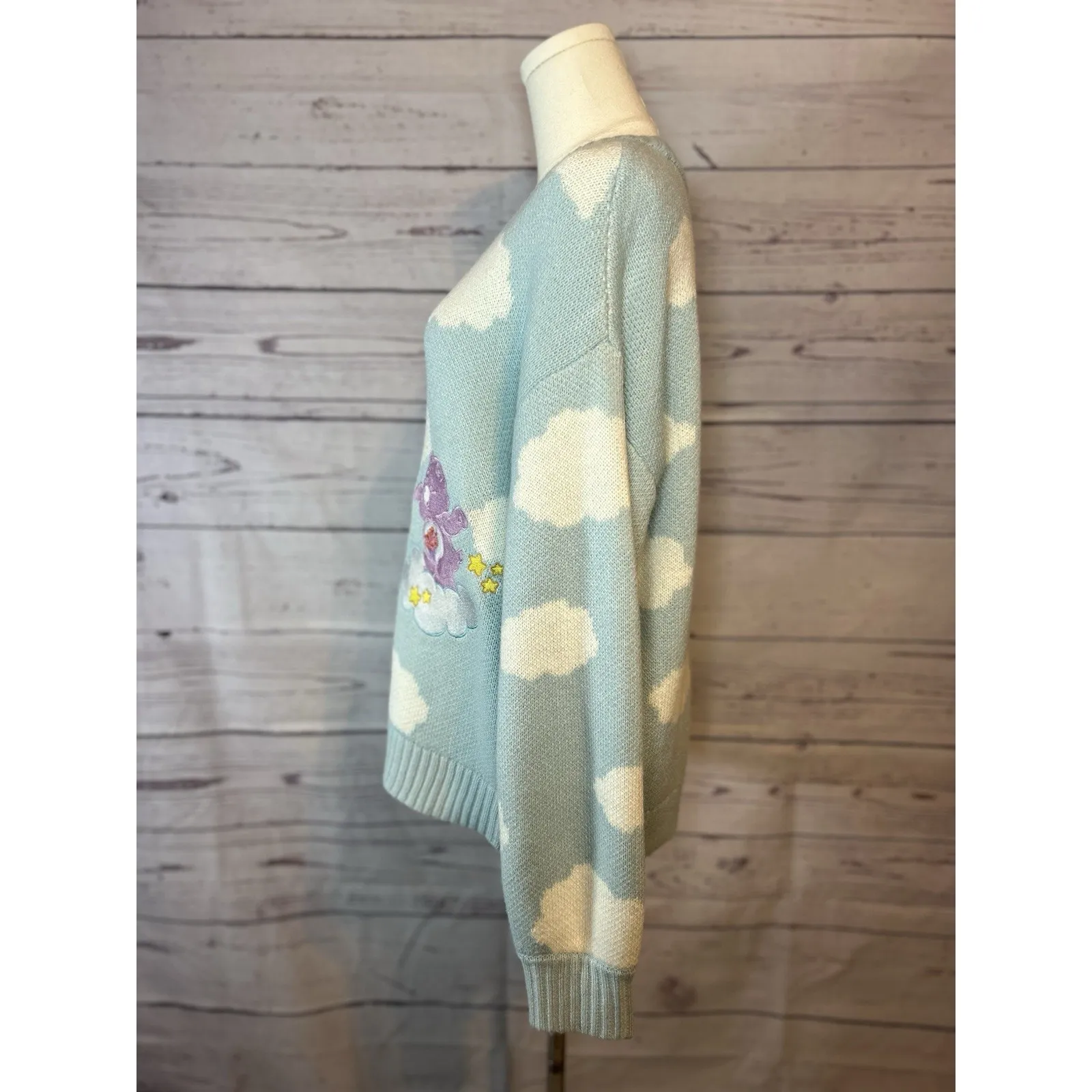 Care Bears Light Blue Cardigan Sweater Medium Clouds & Heart Buttons - Image 3