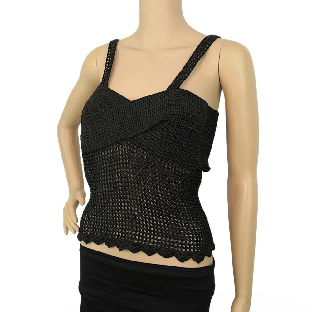 Crochet Tank Top Open Knit Black Cami Sheer Cut - Image 4