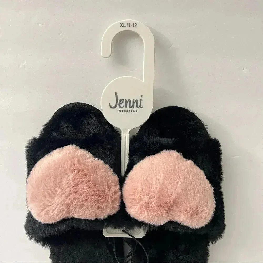 Jenni Slippers Fluffy Slides Plush Faux Fur Size XL 11-12 Black/Pink Heart - Image 3
