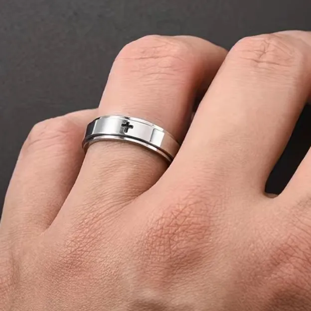 Silver Cutout Cross Anxiety Fidget Spinner Ring Black Size 6 - Image 3