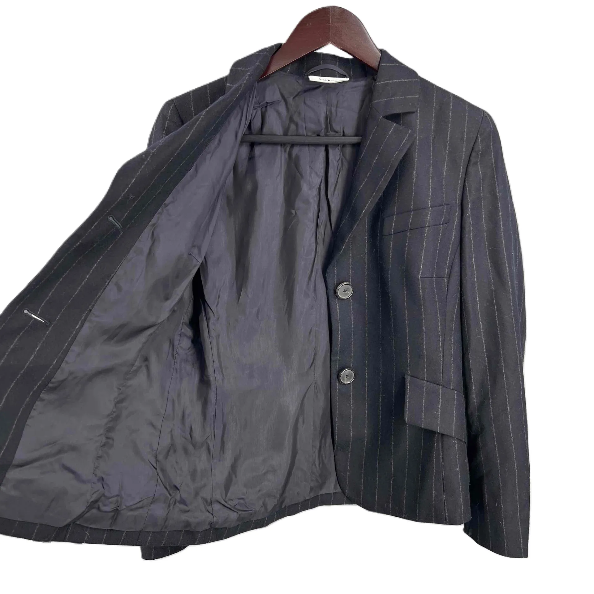 Akris Punto Womens Blazer Wool Black Gray Pinstripe Notched Lapel Size 6 Office - Image 2