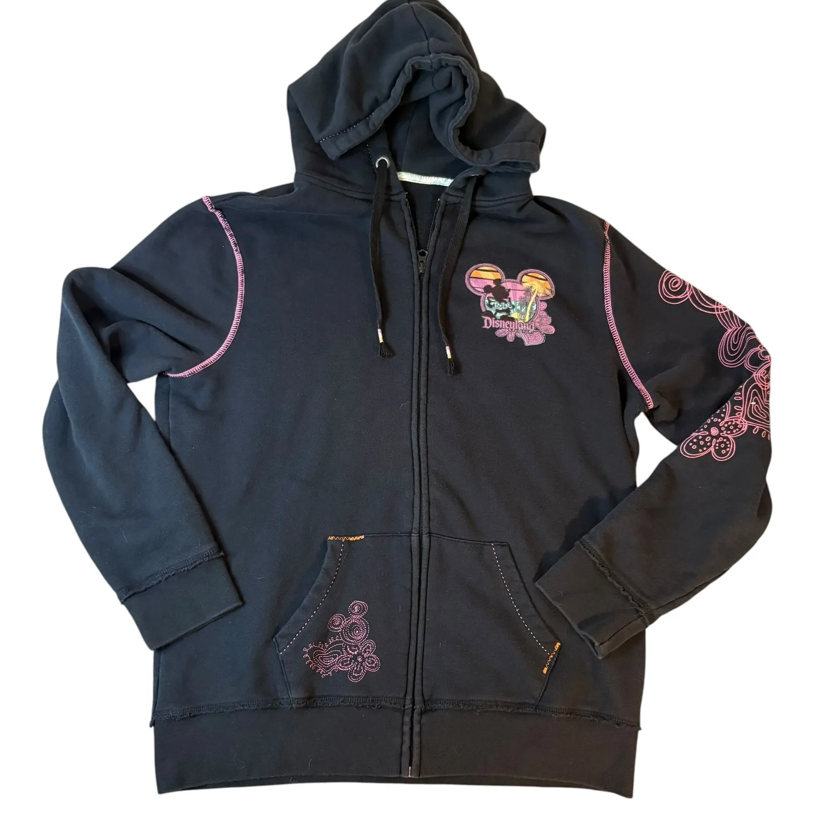 Disney Women's XL black zip‎ up hoodie. Y2K. Anniversary. Bright colors - Image 3