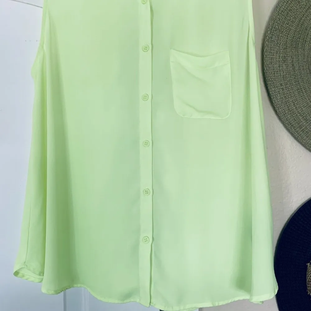 Forever 21 Y2K Neon Highlighter Yellow Sheer Sleeveless Button-Up Blouse Size L - Image 2