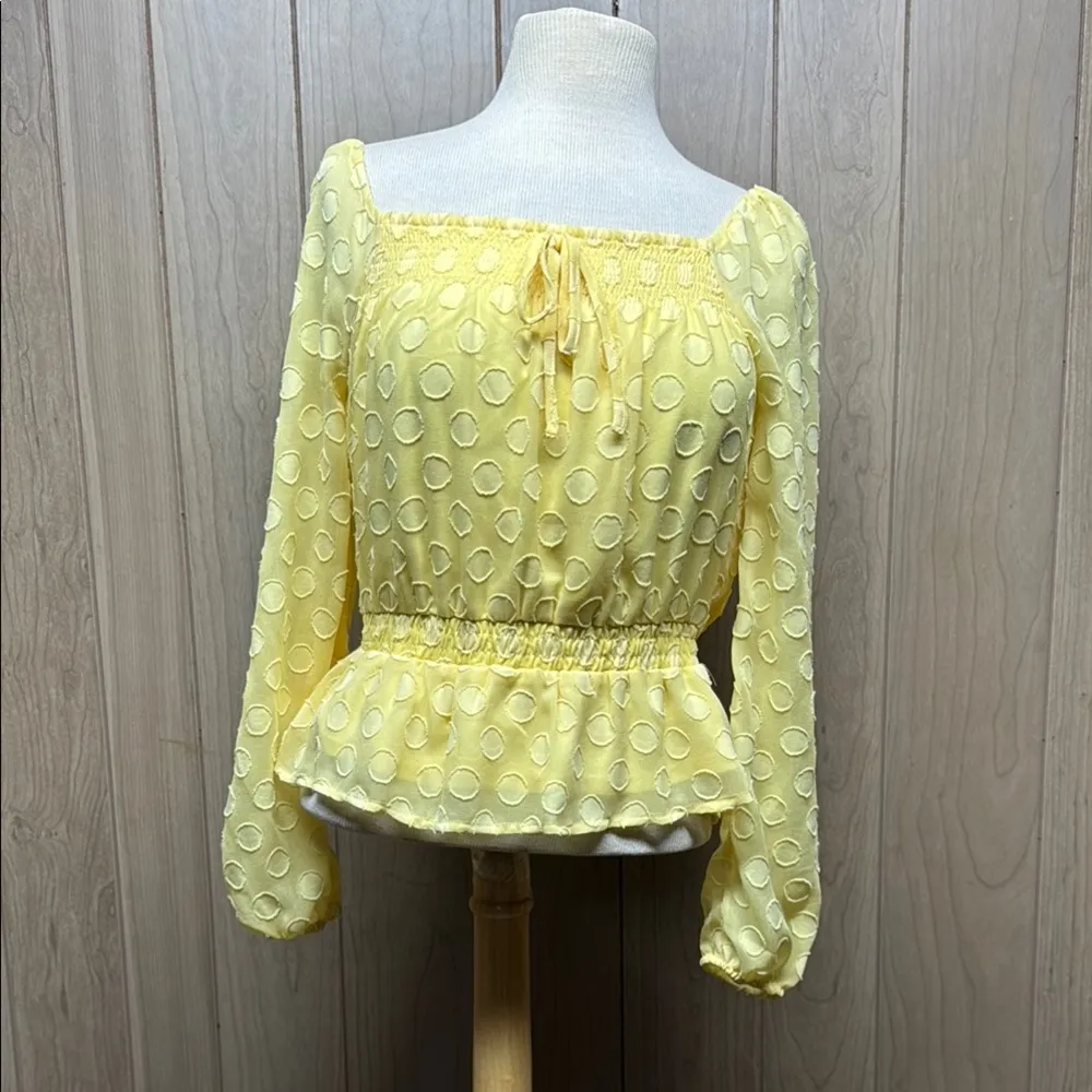 LC Lauren Conrad NWT Yellow Hello Sun Smocked Peplum Long Sleeve Blouse Size XS - Image 2