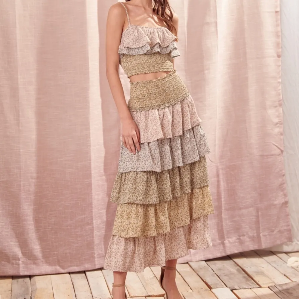 Storia Color Block Tiered Maxi Skirt Floral Smocked Waist Olive Multi Lined - Image 10