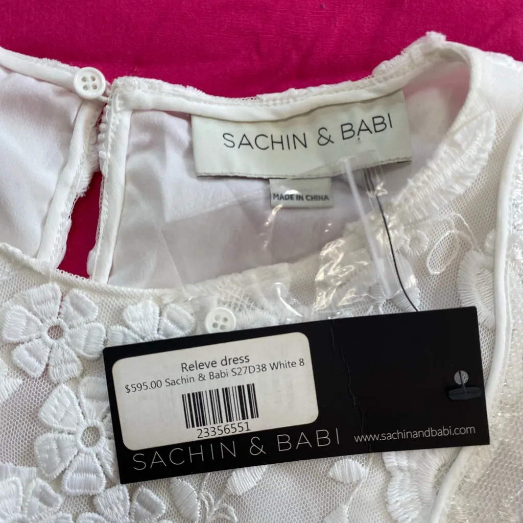 Sachin & Babi Women’s Size 8 White Lace A-Line Dress Long Sleeve Floral Relief - Image 4