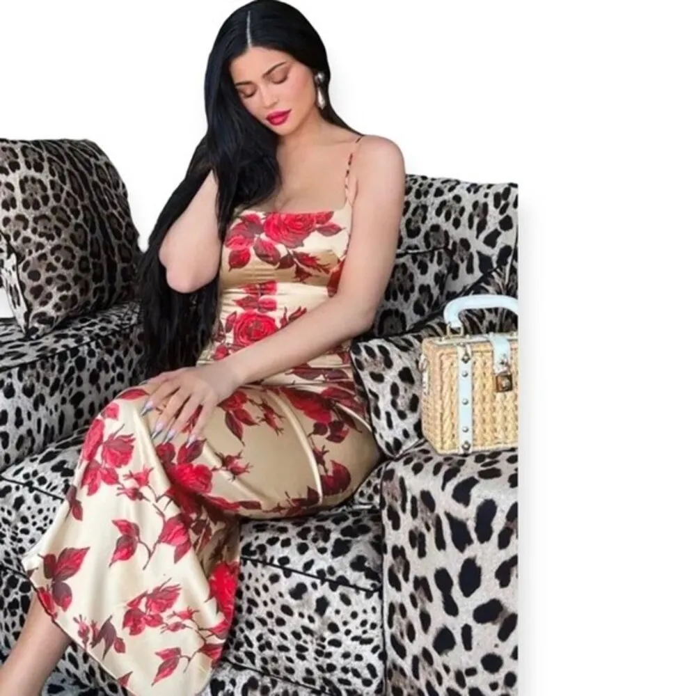 Women’s Satin Beige Red Floral Print Sleeveless Midi Dress Size L - Image 7