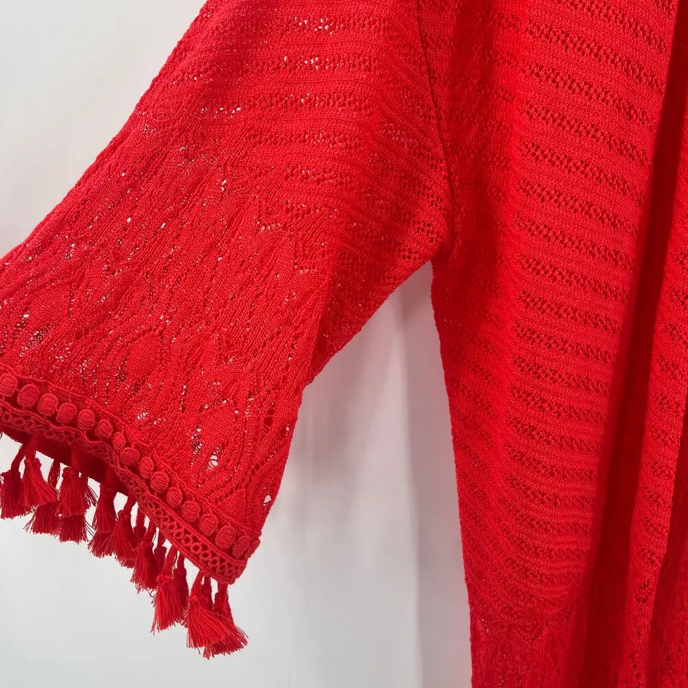 CHICO'S Open Cardigan Large Red Tassels Sheer Crochet Eyelet Travel Beach Casual - Image 5