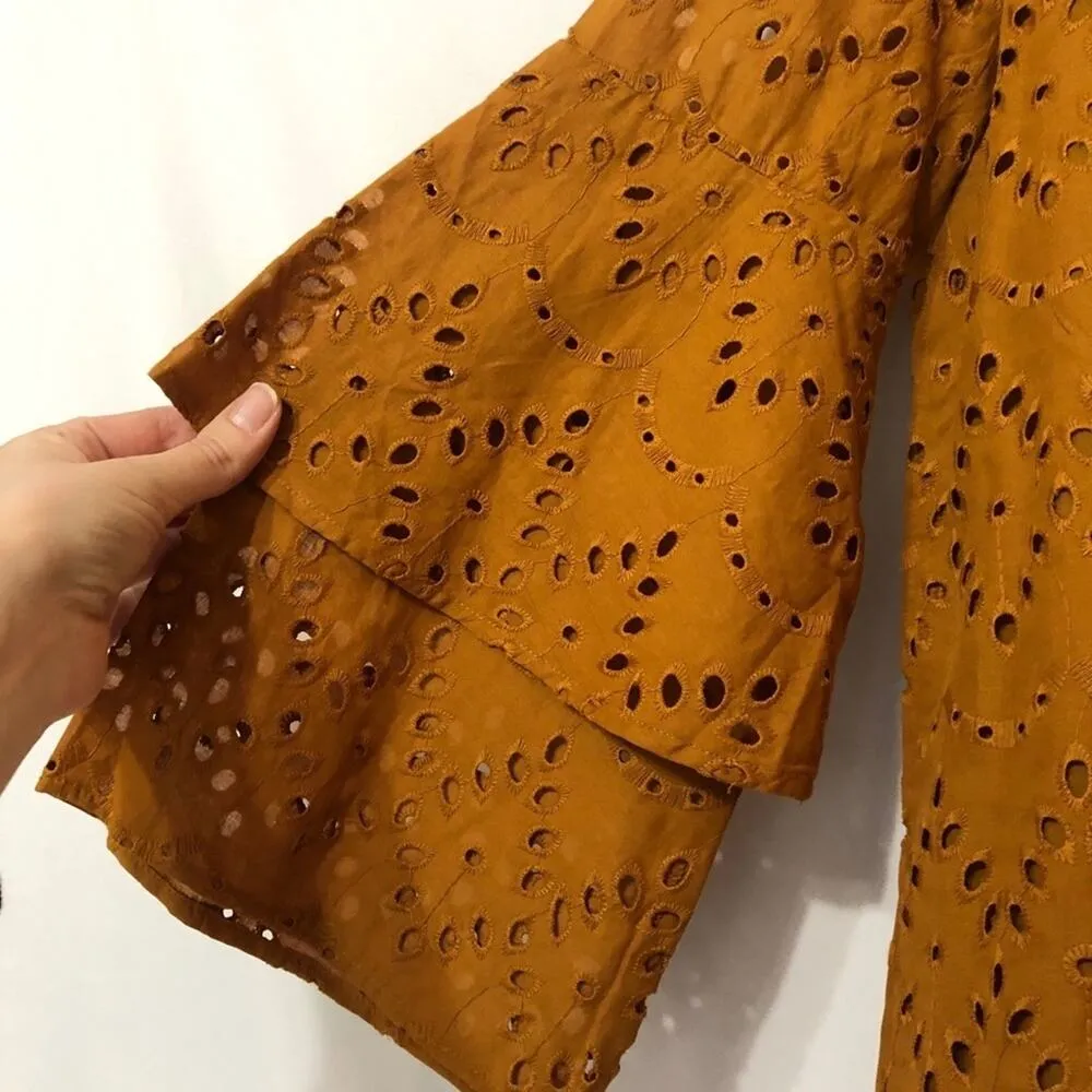 Ann Taylor Yellowish Brown Eyelet Layered Bell Sleeve Top Women XS Boho Romantic - Image 8