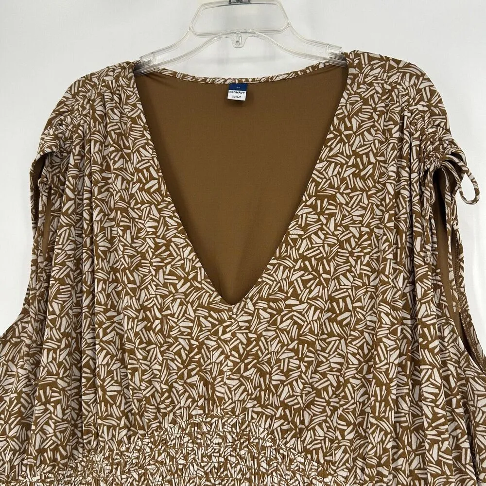 Old Navy Brown Smocked Mesh Mini Dress Defined Waist Tie Shoulder Size 3X - Image 3