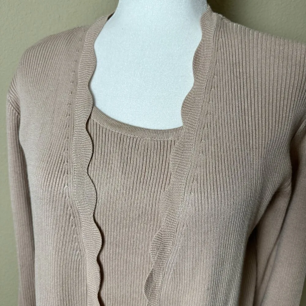 CABLE & GAUGE Ribbed Knit Sweater Set Scalloped Tank Top & Cardigan - size Large - Image 4